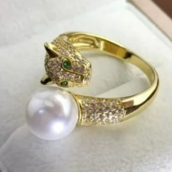 925S Genuine 10 mm Freshwater Pearl Adjustable Gold Ring With Leopard Design - Picture 5 of 16